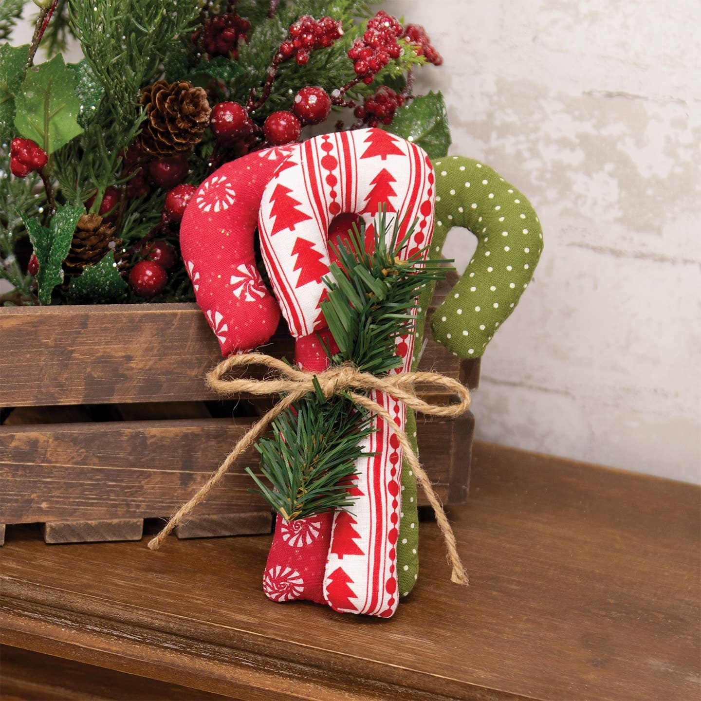 6" Primitive Mixed Fabric Candy Canes, Set of 3 - Rustic Christmas Decor