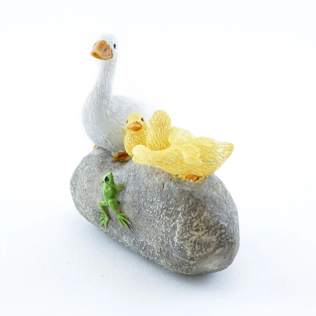 Miniature Duck Family on Rock with Frog, 2.5" Fairy Garden Pond Figurine