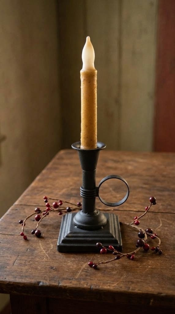 Primitive 6" Black Metal Chamberstick Candle Holder with Timer Taper Candle