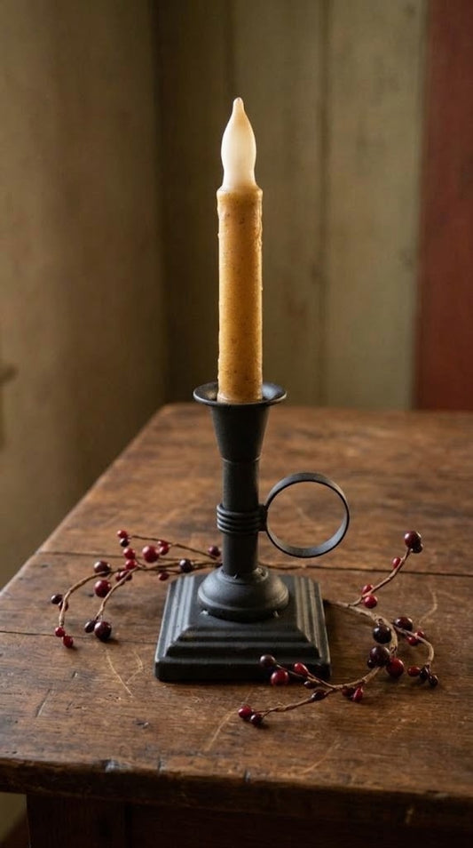 Primitive 6" Black Metal Chamberstick Candle Holder with Timer Taper Candle