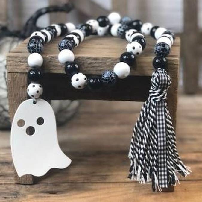 Halloween 40" Black and White Bead Garland Boo Ghost Charm and Fabric Tassel