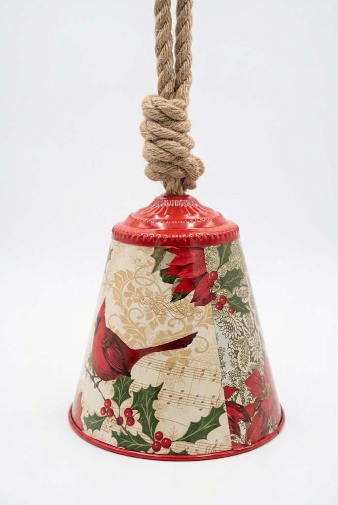 Holiday Cardinal Bell Decor with Jute Rope Hanger, Musical Notes & Poinsettias
