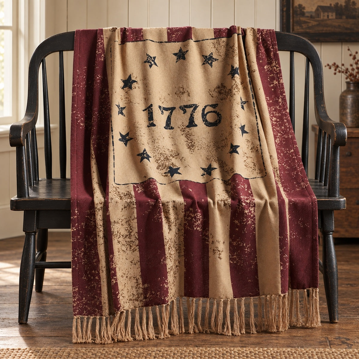Colonial 1776 Betsy Ross Stars Americana Woven Fringed Throw Blanket, 50" X 60"