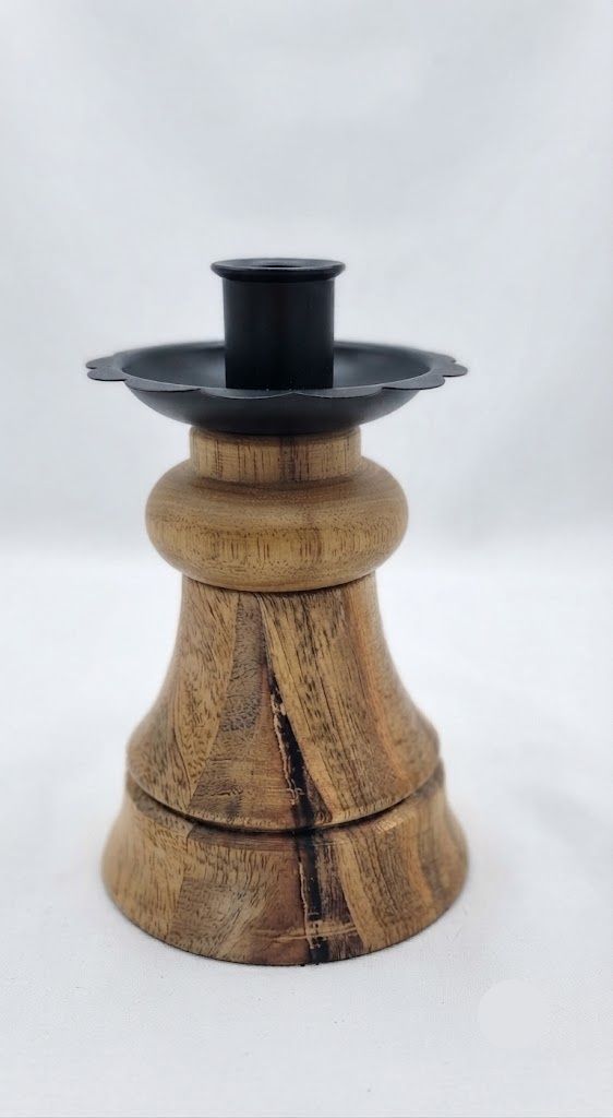 Natural Wood and Black Metal Cone Spindle Taper Candle Holder, 5.75"