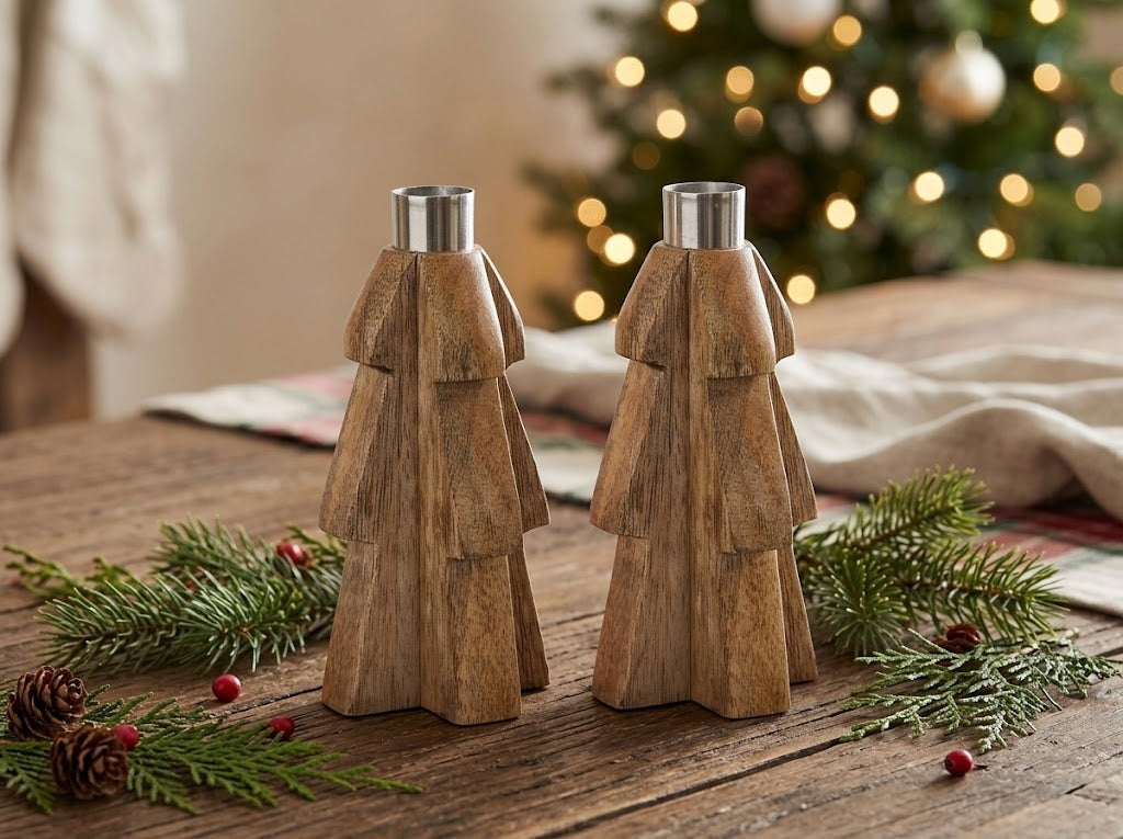 Set of 2 Mango Wood Tree Taper Candle Holders 6" Rustic Wooden Christmas Decor