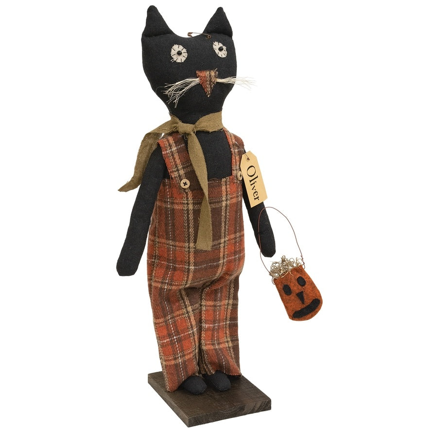 Oliver Standing Black Cat with Pumpkin Bag Trick or Treat Primitive Doll - 20"H