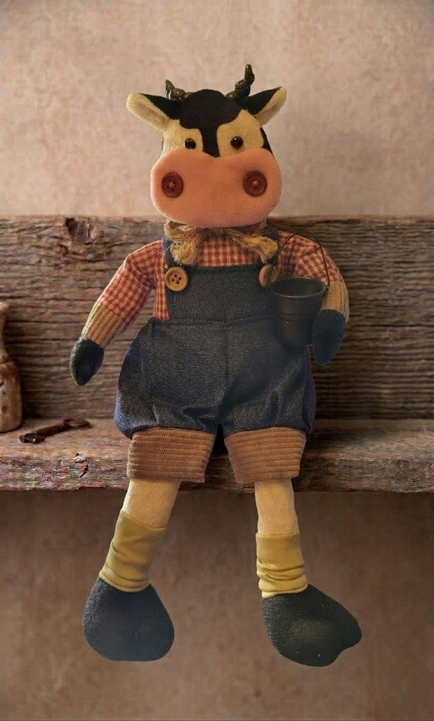 Barnyard Farmhouse Friends Dangle Legs Cow 12" Plush Fabric Shelf Sitter