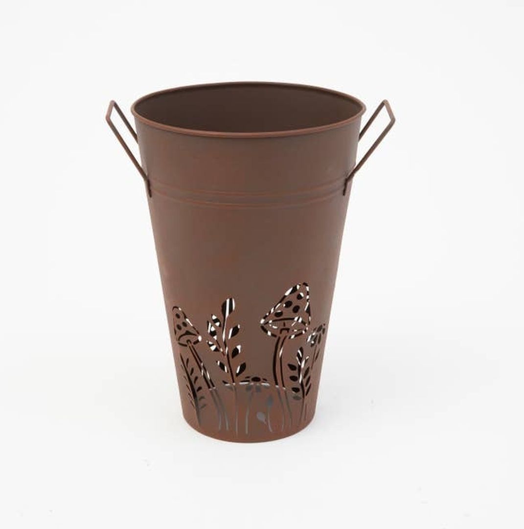 Large Metal Brown Mushroom and Floral Cut Out Botanical 11" Planter