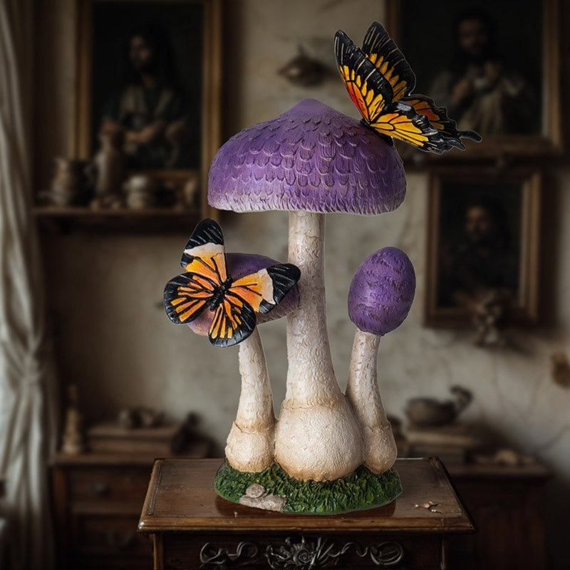 Purple Toadstool Mushroom Garden Statue with Monarch Butterflies
