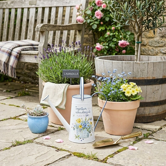 Decorative Floral White Enamel Watering Can, Country Chic, 10"