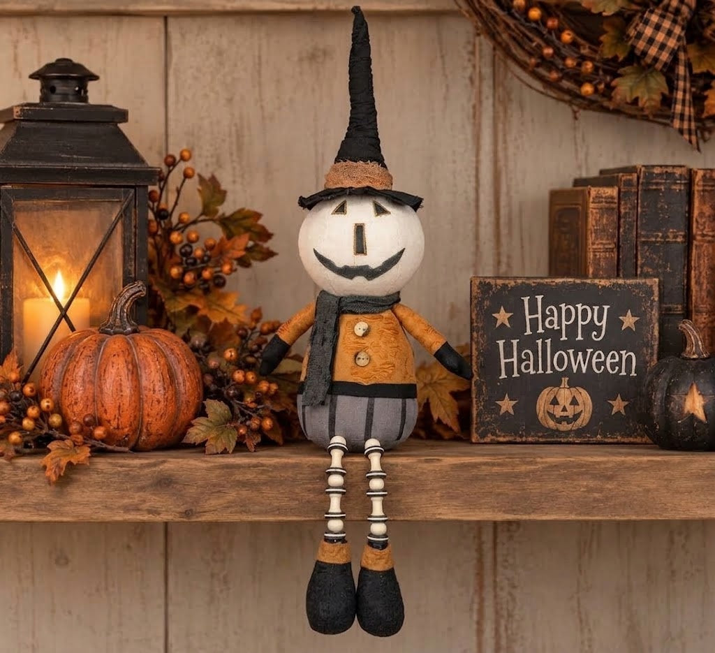 Primitive Halloween Pumpkin Shelf Sitter with Rusty Brown Top and Dangly Legs