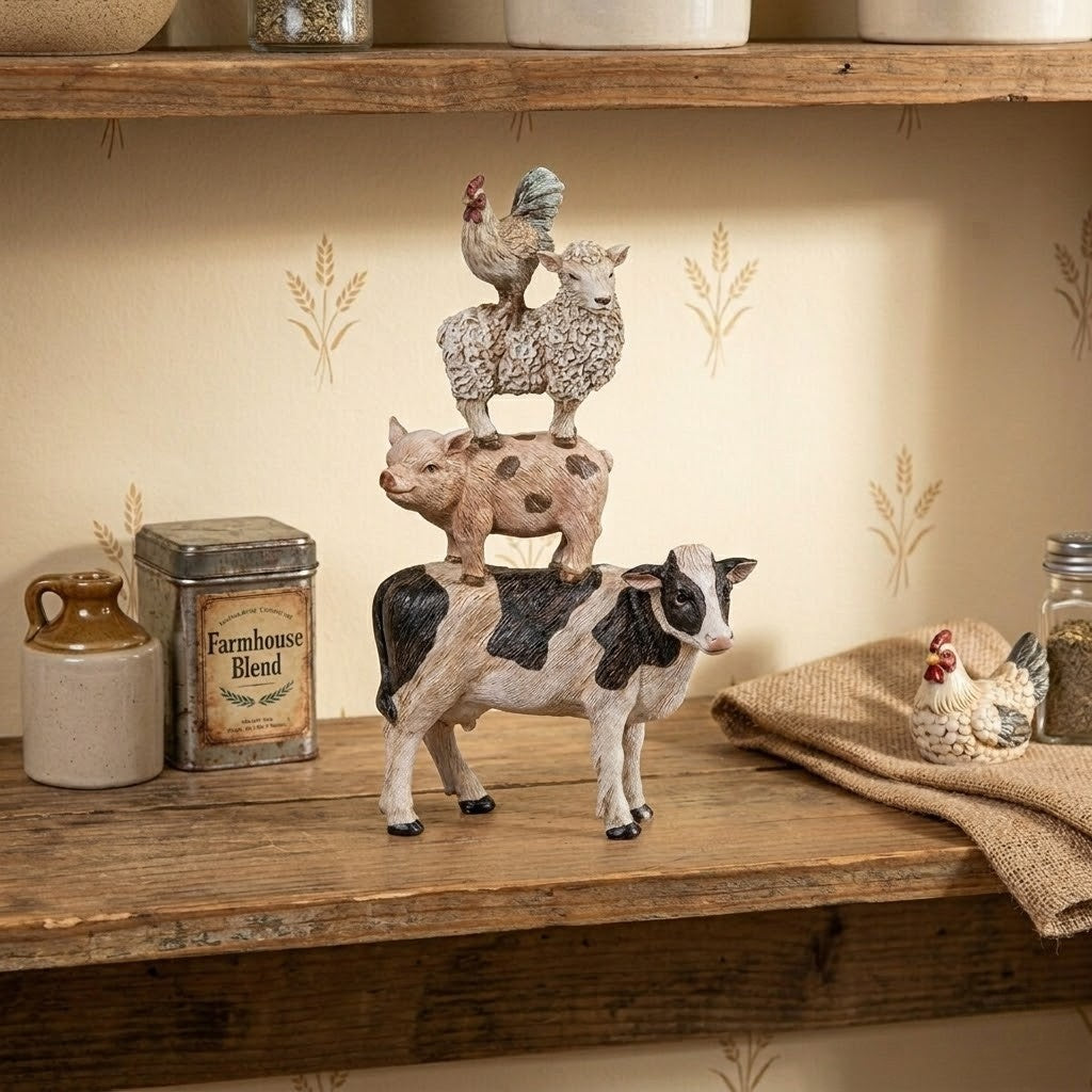 Country Farmhouse Stacked Farm Animals Miniature Figurine, Resin Statue