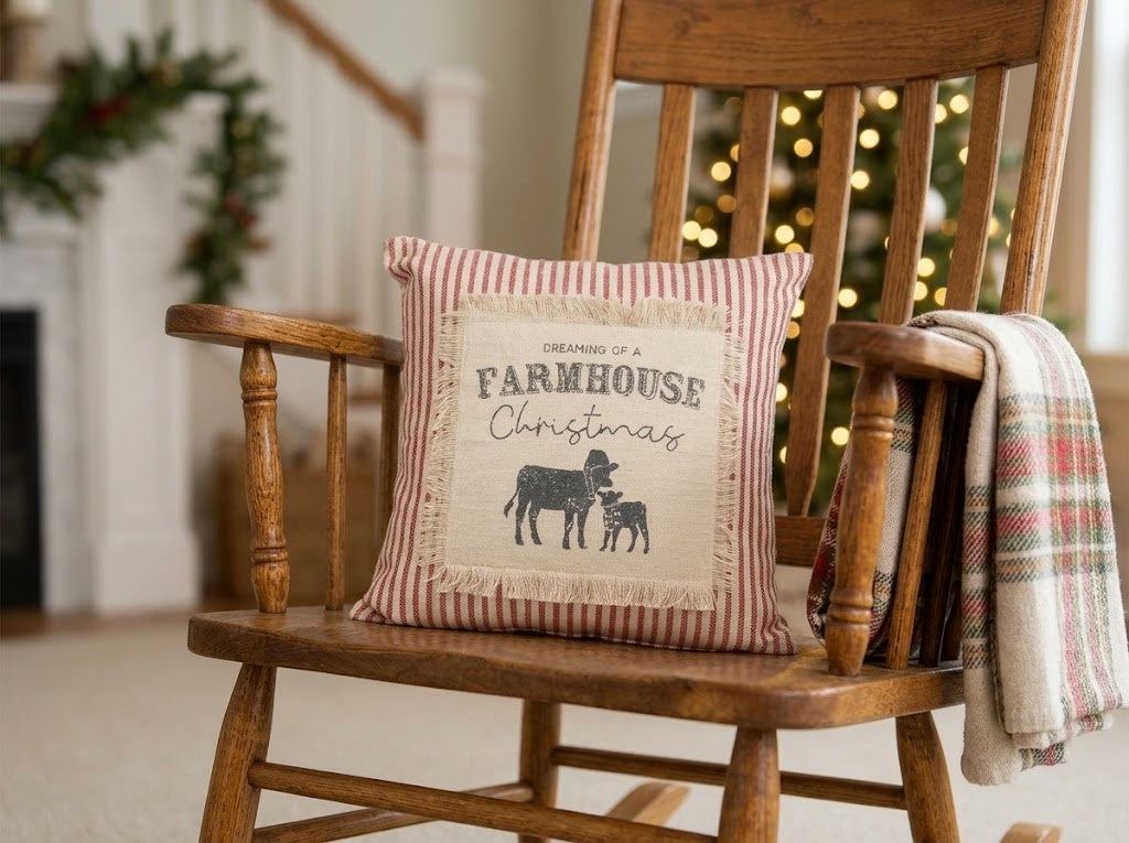 Red Ticking Stripe 10" Holiday Pillow, Dreaming of a Farmhouse Christmas