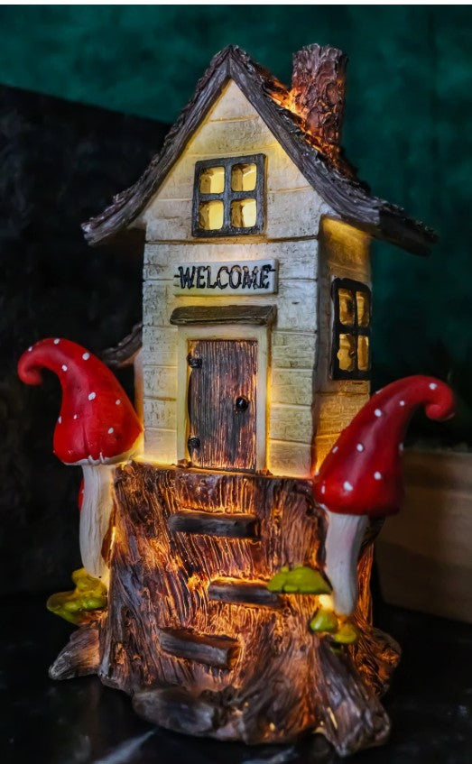 Enchanting Small Fairy Gnome Home, LED Light Up Resin 8" House