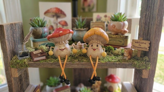 Fairy Garden Mushroom Shelf Sitter Set 2pc Whimsical Dangling Leg Figurines
