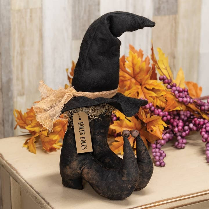 Primitive Black Witch Boots with Hat, 14" Hocus Pocus Halloween Shelf Sitter