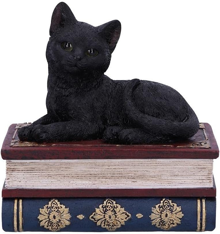 Black Cat Miniature Statuette Perched on a Faux-Antique Book Keepsake Box