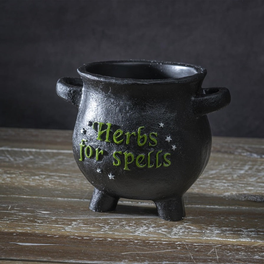 Herbs For Spells Small Witches Cauldron Plant Pot, Black Cold Resin Planter