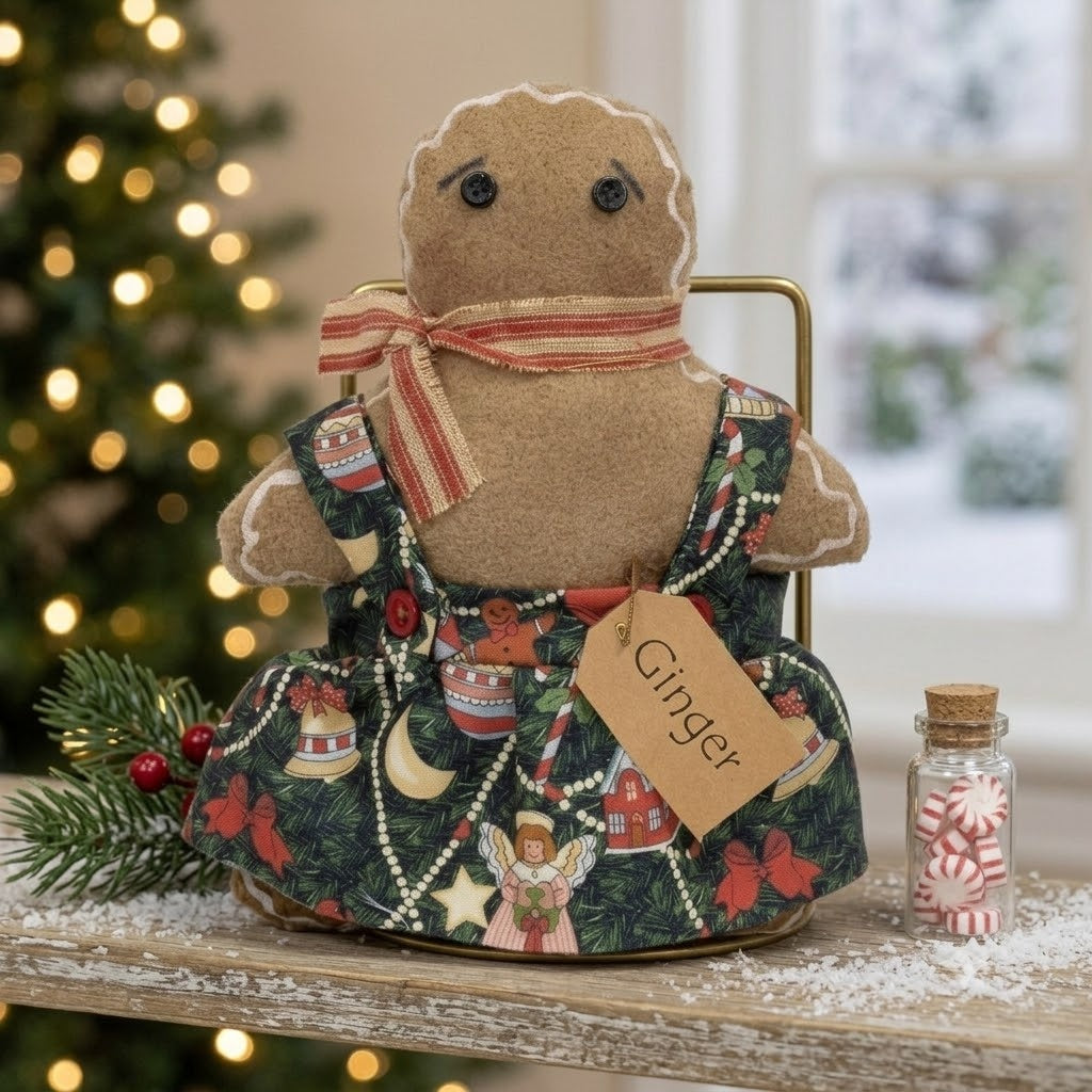 Gingerbread Girl "Ginger" Holiday Doll – Primitive Christmas 8" Shelf Sitter
