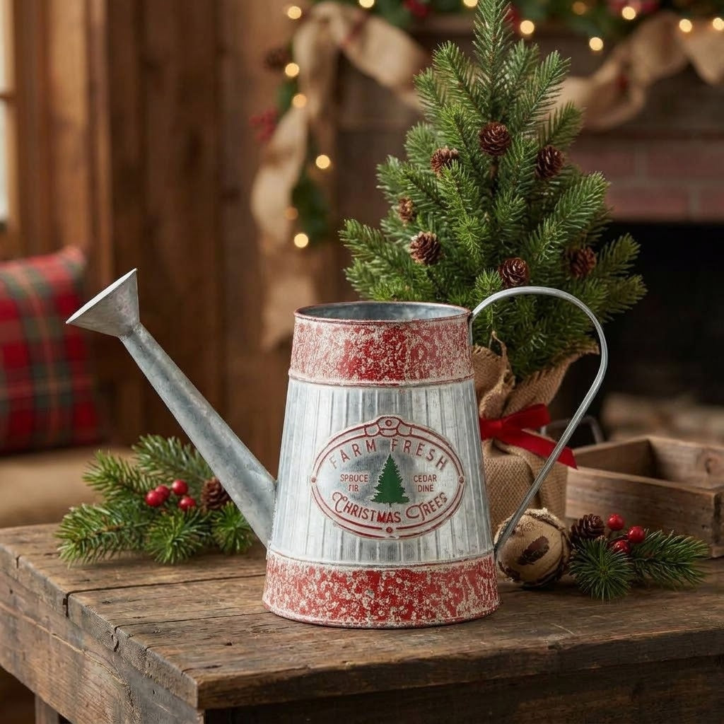Farm Fresh Spruce Fir, Cedar Pine Christmas Trees Metal Decorative Watering Can