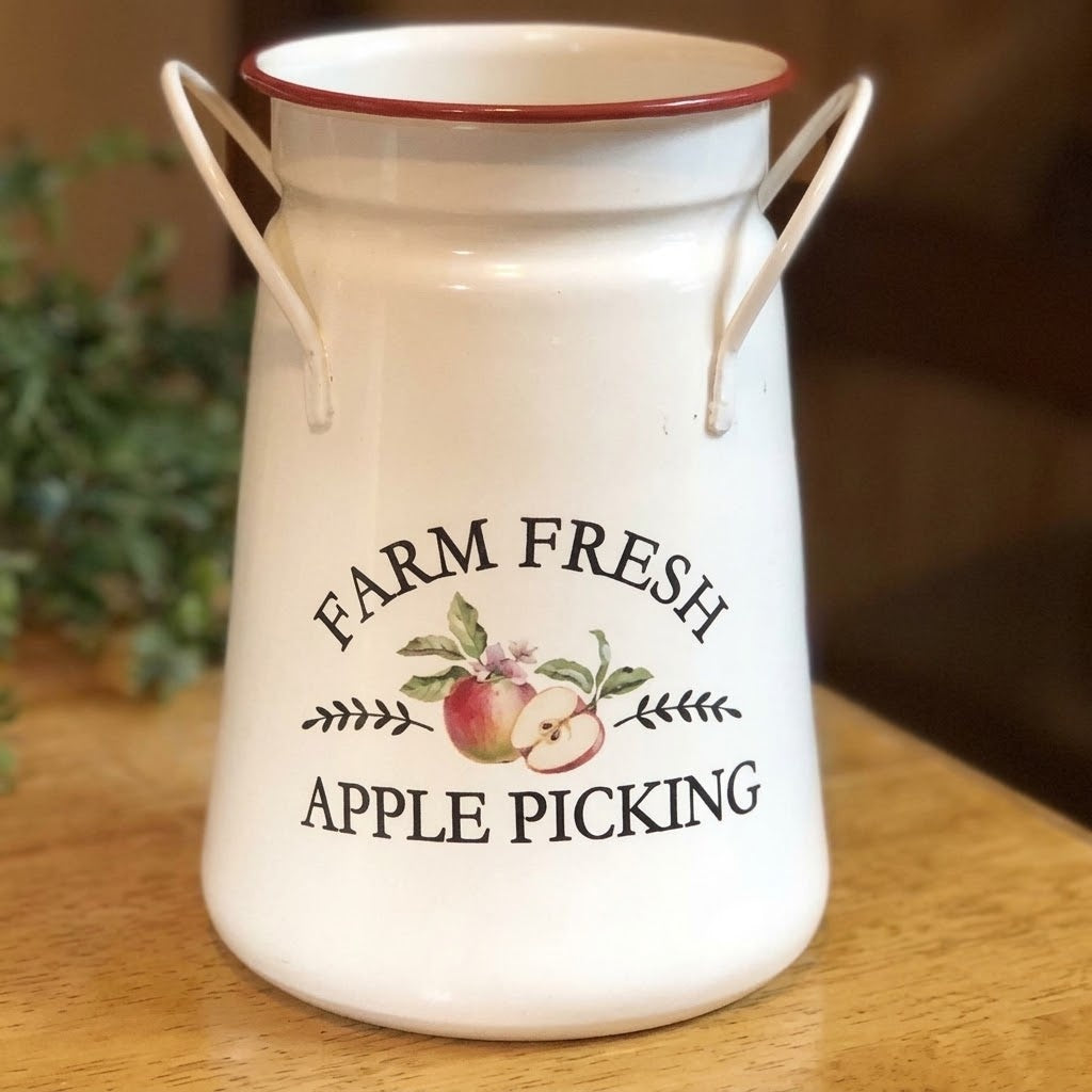 Farmhouse Antique White Metal Milk Can, 6.25" Farm Fresh Apple Picking Pitcher