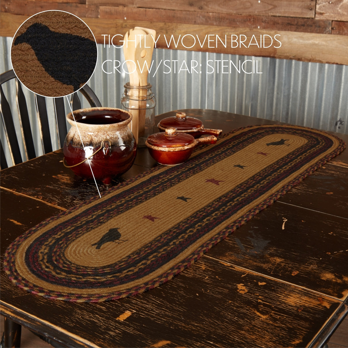 Braided Jute Oval Table Runner 13" x 48" Primitive Crow Star Colonial Folk Art – styled setting