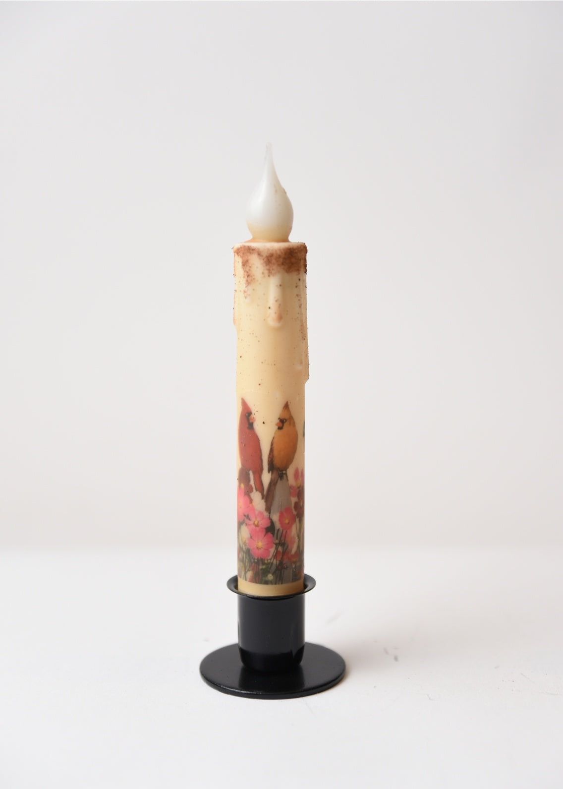 Rustic Primitive Bird & Floral 7" Timer Taper Candle with Black Metal Holder