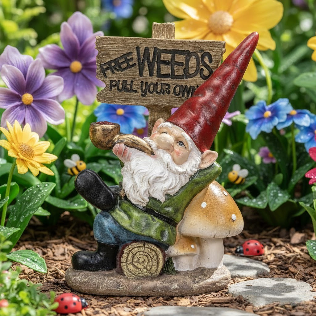 Funny "Free Weeds" Garden Gnome Statue, 7.5" Durable Polyresin Figurine