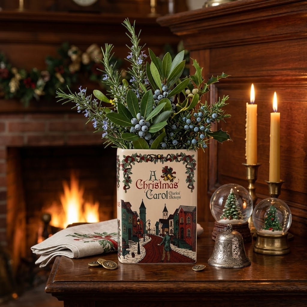 Charles Dickens A Christmas Carol Book-Themed Ceramic Holiday Flower Vase