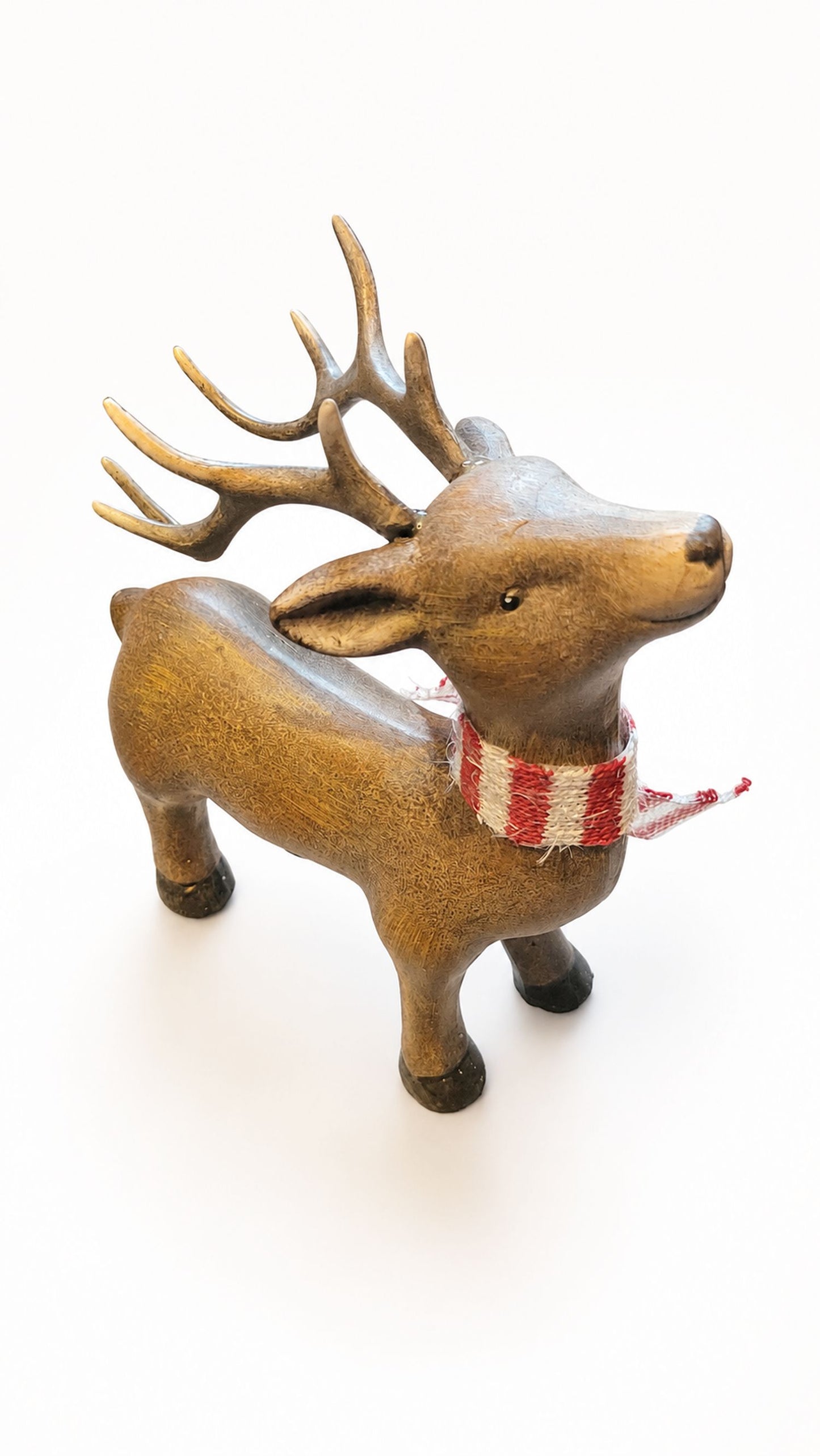 Christmas Reindeer Figurine 8" Faux-Wood Finish Ceramic Deer with Striped Scarf