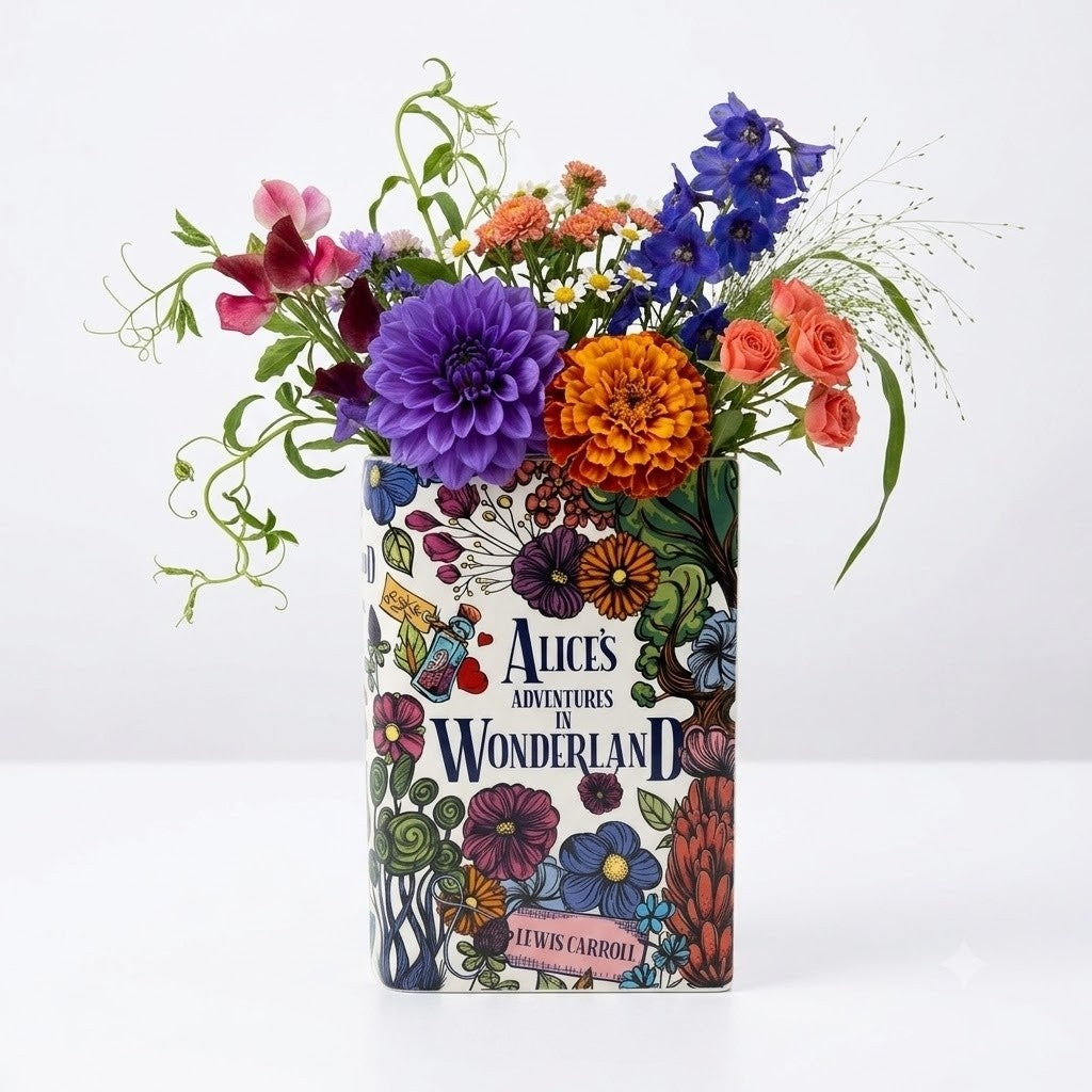 Alice in Wonderland Floral Nonsense Decorative Ceramic Book Themed Flower Vase