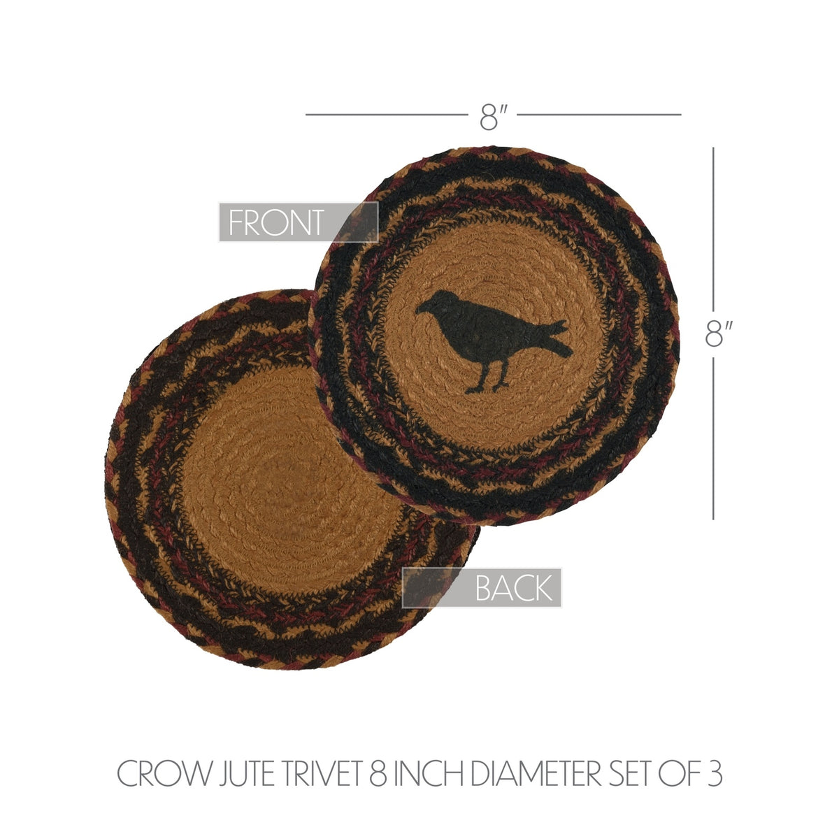 Heritage Farms Crow Jute Trivet Hot Pad 8 Inch Set of 3, Primitive Table Accents