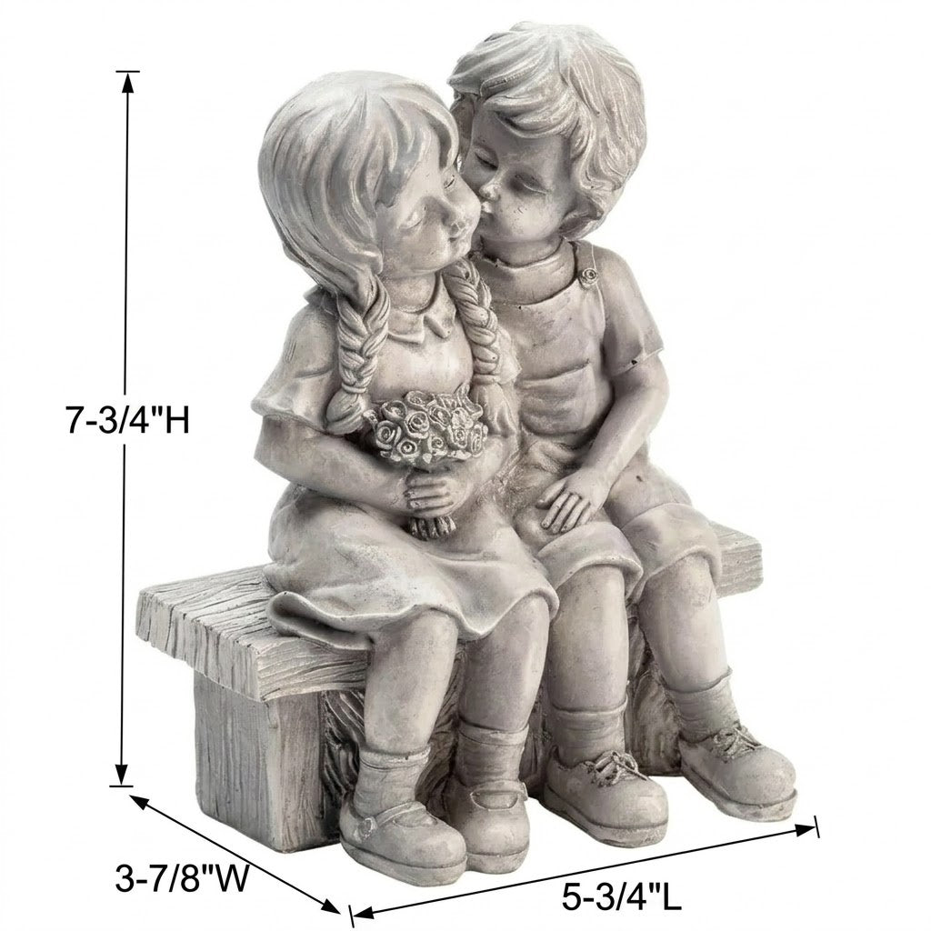 Old-Fashioned Girl and Boy Kissing on Garden Bench, Gray Resin Statuette Decor