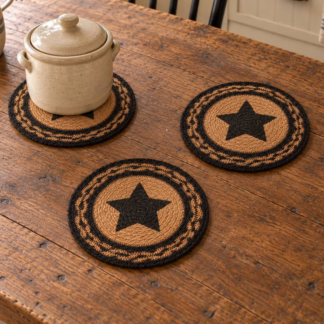 Black Star Braided Jute Trivet Set of 3, 8-Inch Primitive Table Accents