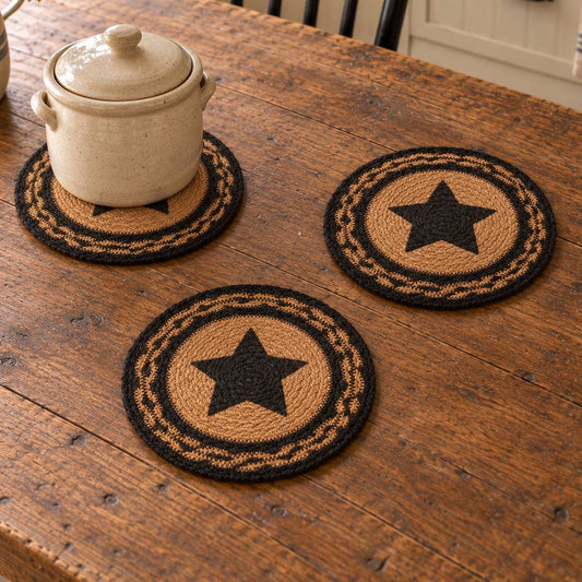 Black Star Braided Jute Trivet Set of 3, 8-Inch Primitive Table Accents