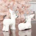 White Sisal Christmas Small Deer Set with Glitter Antlers, Holiday Shelf Decor