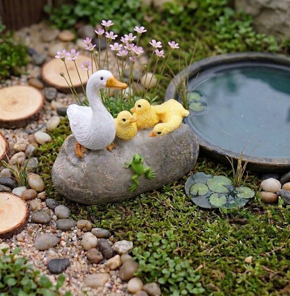 Miniature Duck Family on Rock with Frog, 2.5" Fairy Garden Pond Figurine
