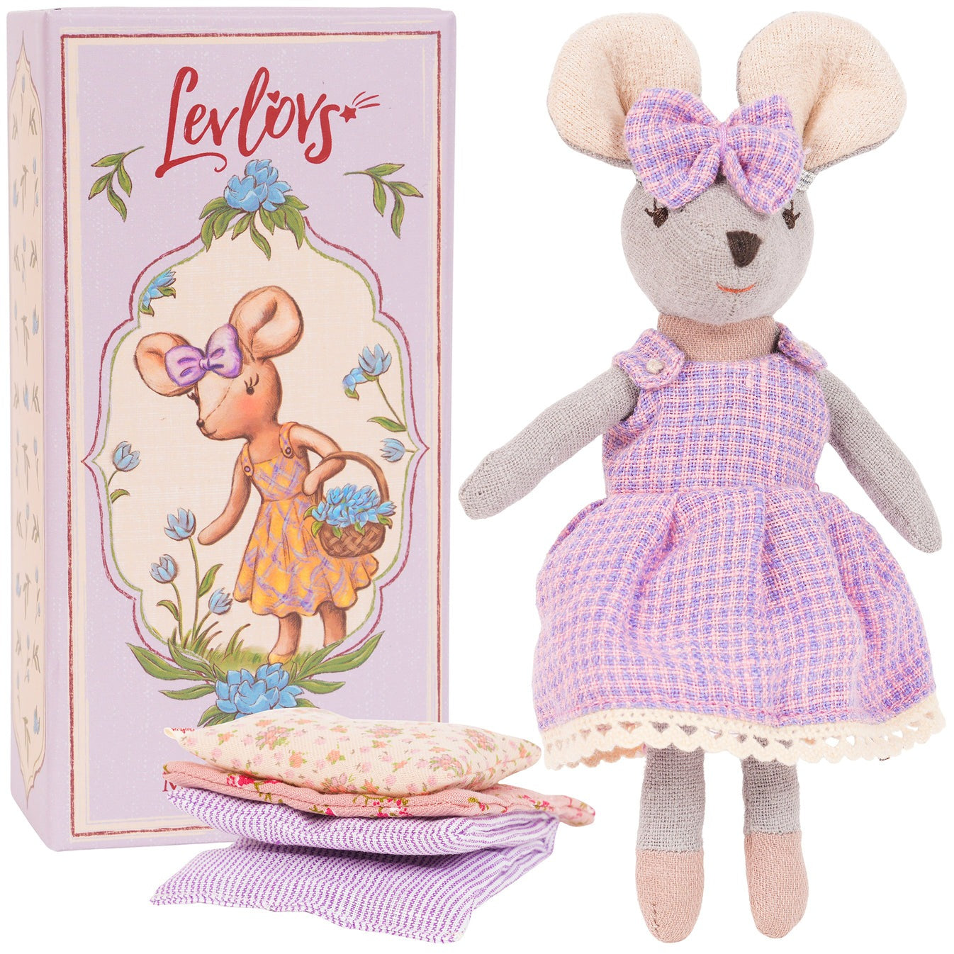 Levlovs Violet Mouse in Linen Purple Check Dress with Keepsake Box and Bedding
