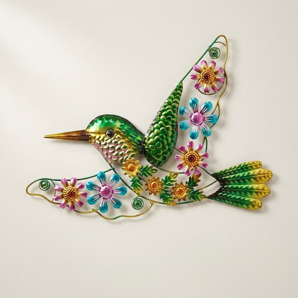 19" Colorful Metal and Acrylic Floral Hummingbird Indoor/Outdoor Wall Art