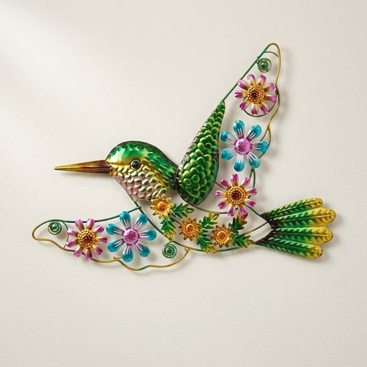 19" Colorful Metal and Acrylic Floral Hummingbird Indoor/Outdoor Wall Art – detail view