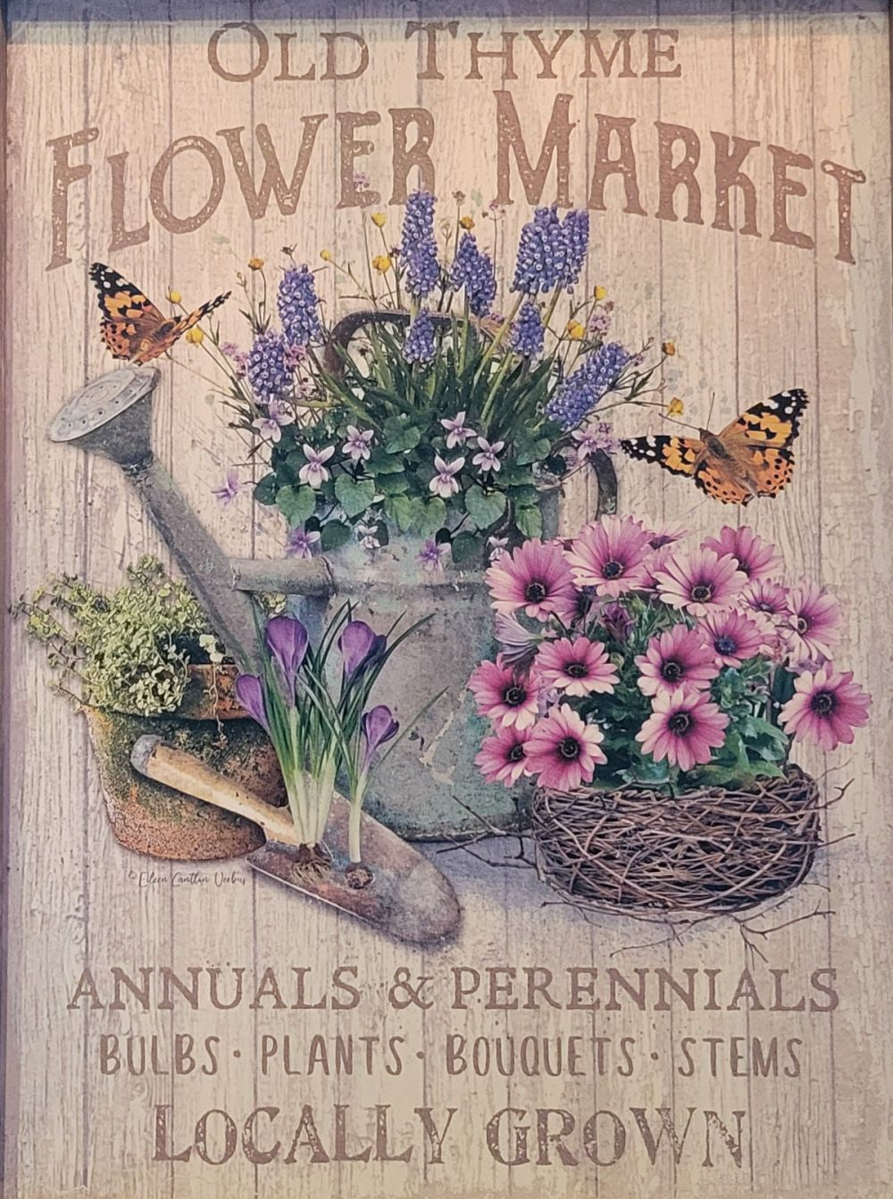 Vintage Farmhouse Wood Framed "Old Thyme Flower Market" Wall Art - 16.5" x 12.5"