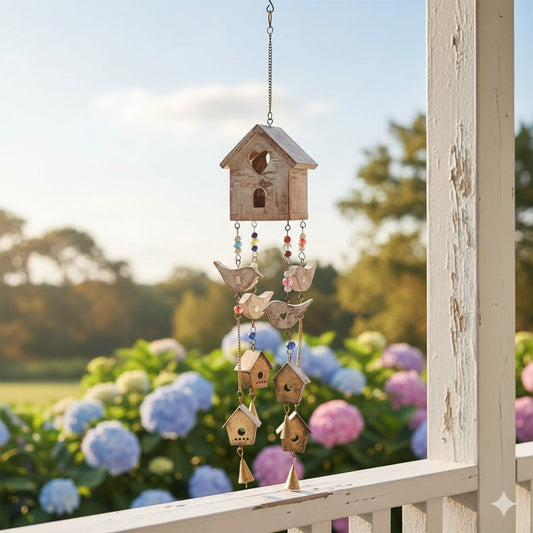 Distressed, Rustic Wood, Metal and Beads Birdhouse Chime, 21" Farmhouse Decor