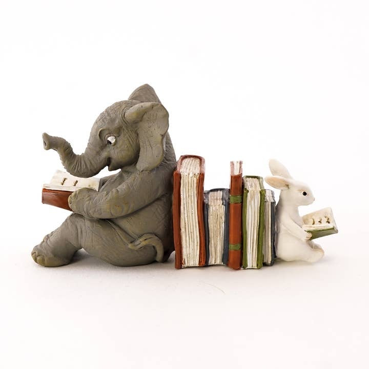 Elephant and Bunny Rabbit Reading Miniature Resin 4" Figurine
