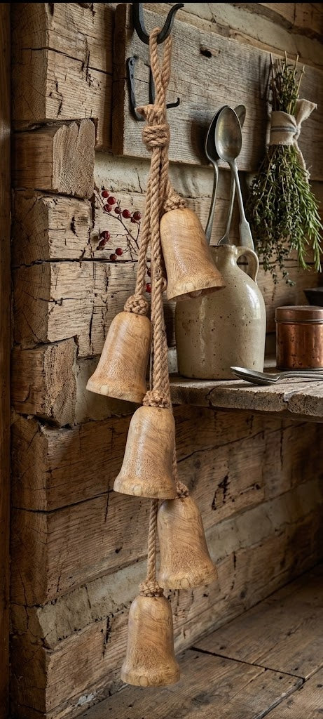Rustic Hanging Wooden Bells on Jute Rope Primitive Garden and Home Holiday Decor
