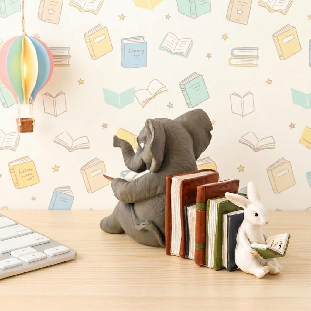 Elephant and Bunny Rabbit Reading Miniature Resin 4" Figurine