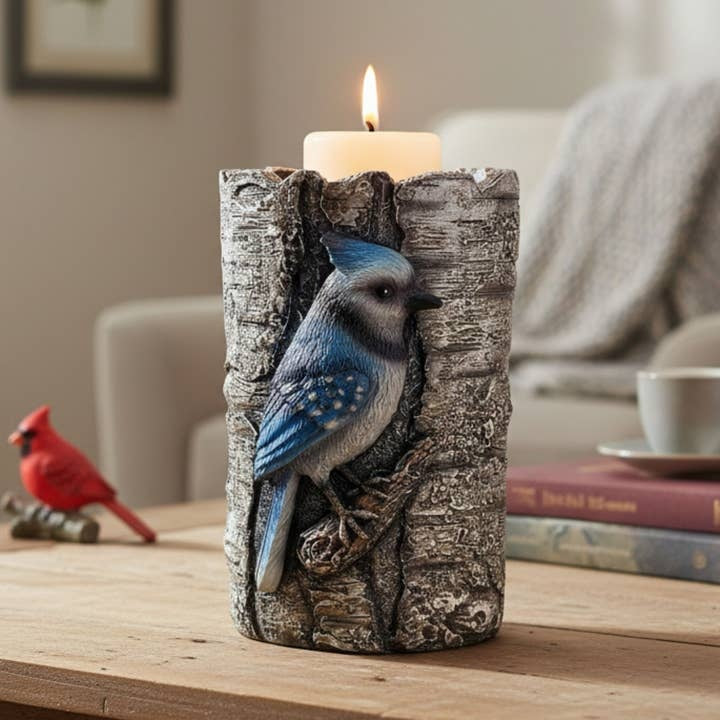 De Leon Collections Resin Birch Log Blue Jay Candle Holder, 6" Stand