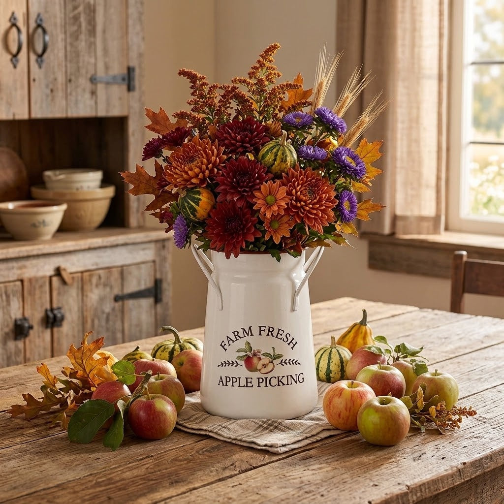 Farmhouse Antique White Metal Milk Can, 6.25" Farm Fresh Apple Picking Pitcher