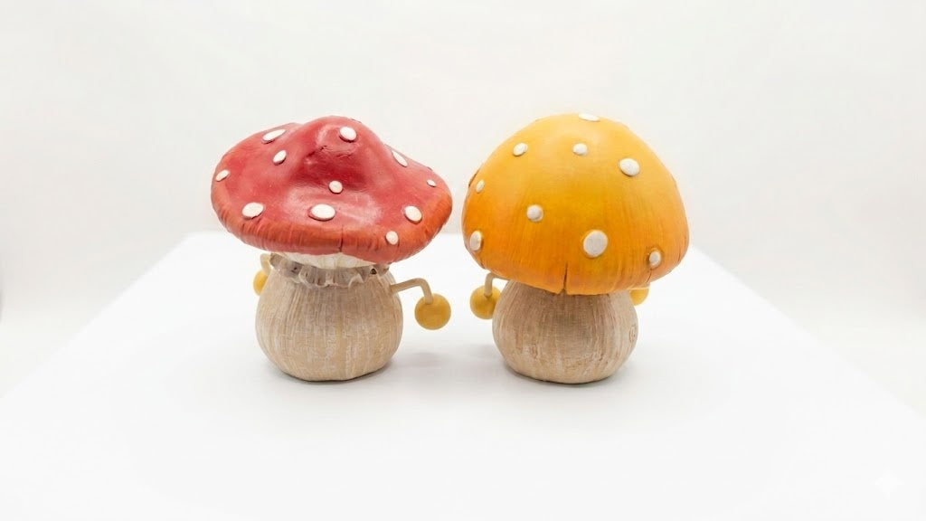 Fairy Garden Mushroom Shelf Sitter Set 2pc Whimsical Dangling Leg Figurines