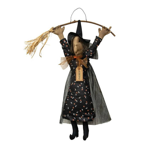 Primitive Halloween Witch Minerva Hanging Decor, Gothic Folk Art Doll, 25"