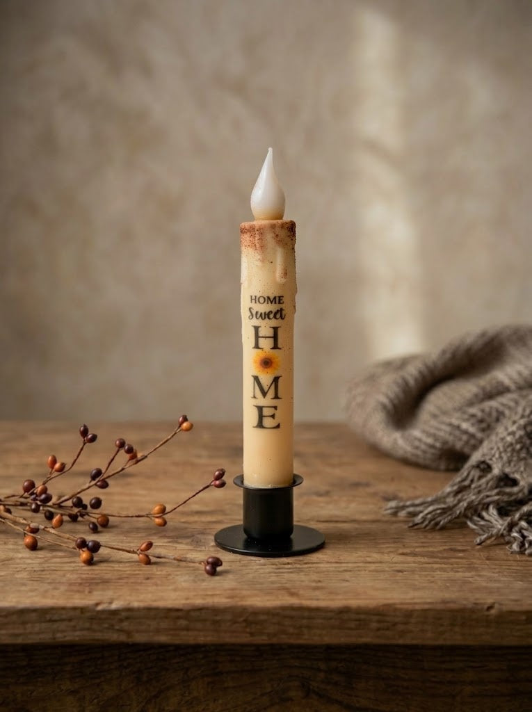 Home Sweet Home Primitive 7" Led Timer Taper Candle and Black Holder Set